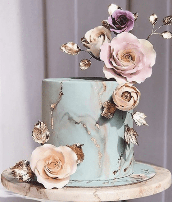 Aqua and Rose Gold Roses Cake 