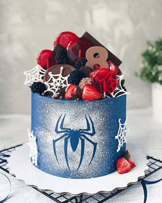 Spider-Man Cakes with Cookies, Candies, and Fruits