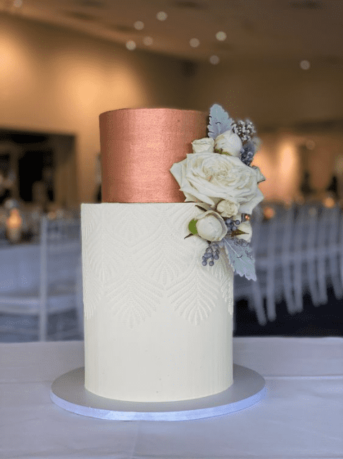 White and Rose Gold Flower Cake 