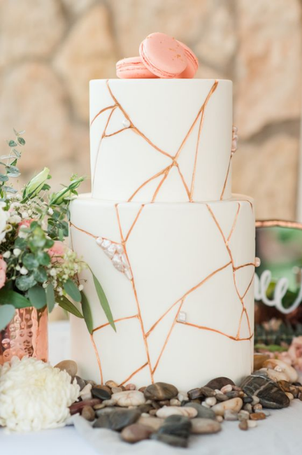 White and Rose Gold Macaron Cake 