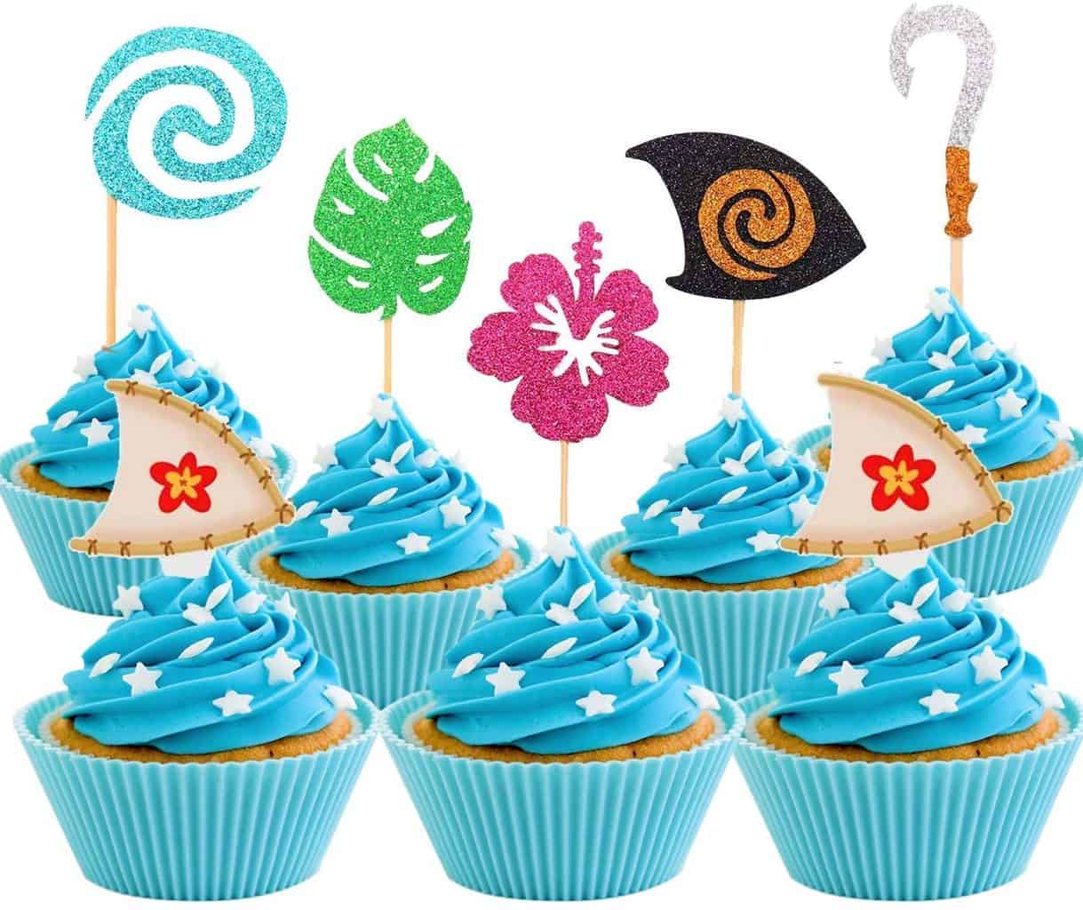 30 Pcs JeVenis Glittery Moana Inspired Cupcake Toppers Moana Cake Toppers Hawaiian Birthday Party Decoration for Tropical Luau Summer Party Baby Shower Wedding