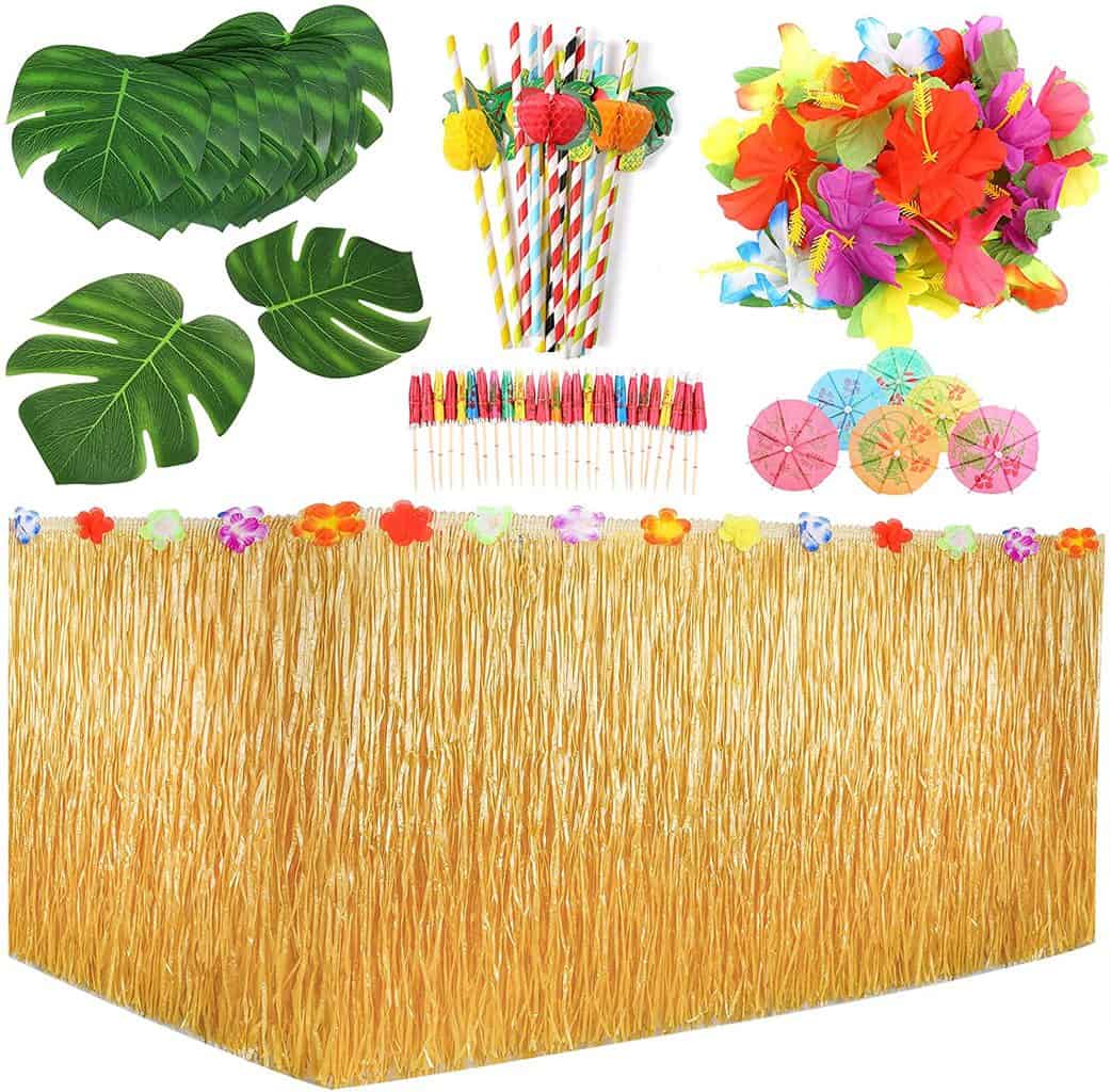 Auihiay 109 Pieces Tropical Party Decoration Set with 9 Feet Hawaiian Table Skirt