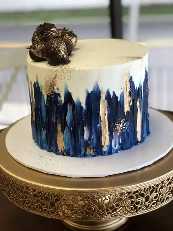 Stunning White Blue And Gold Birthday Cake For Men