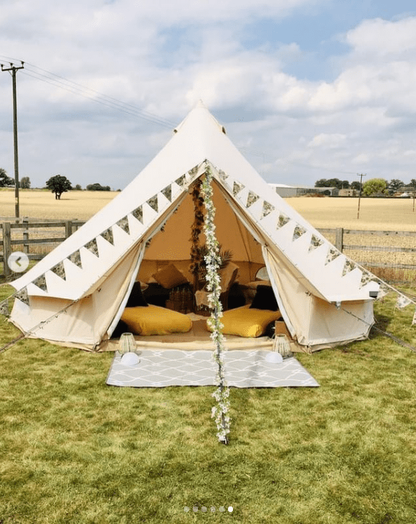 Cozy sunflower party in a tent